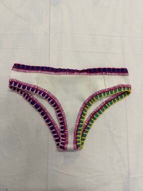 Kiini Yaz Bikini Bottom in White with Multi-Color Crochet Trim